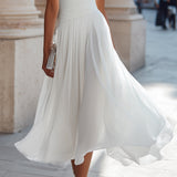 Pleated Midi Dress with Draped Neckline - Sleeveless Elegant Evening Dress