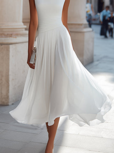 Pleated Midi Dress with Draped Neckline - Sleeveless Elegant Evening Dress
