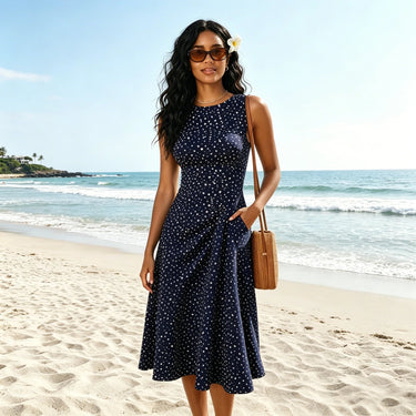 Round Neck Polka Dot Fit and Flare Midi Dress