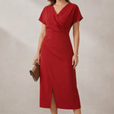 Short Sleeve Faux Wrap Midi Dress with Side Slit