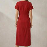 Short Sleeve Faux Wrap Midi Dress with Side Slit