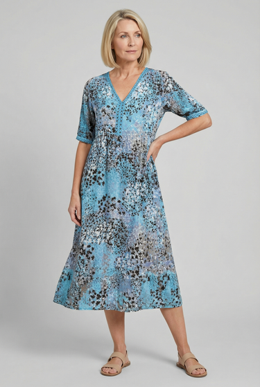 Short Sleeve Floral Print Relaxed Midi Dress with Pockets