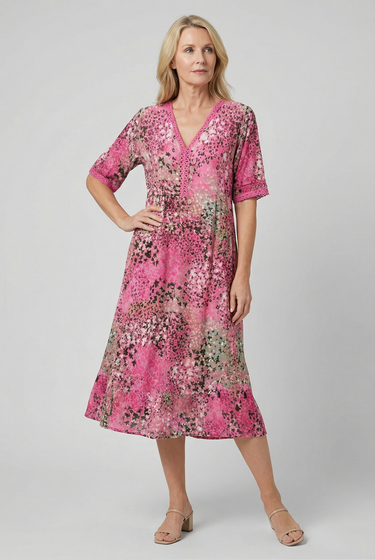 Short Sleeve Floral Print Relaxed Midi Dress with Pockets