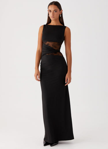 Sleeveless Boat Neck Lace Cut-Out Maxi Dress