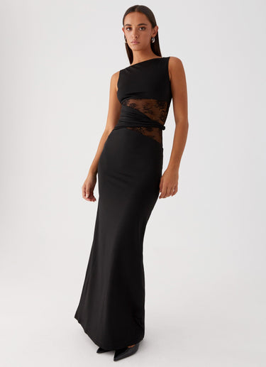 Sleeveless Boat Neck Lace Cut-Out Maxi Dress