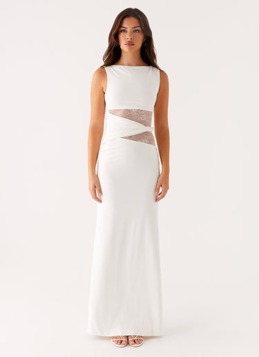 Sleeveless Boat Neck Lace Cut-Out Maxi Dress