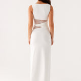 Sleeveless Boat Neck Lace Cut-Out Maxi Dress