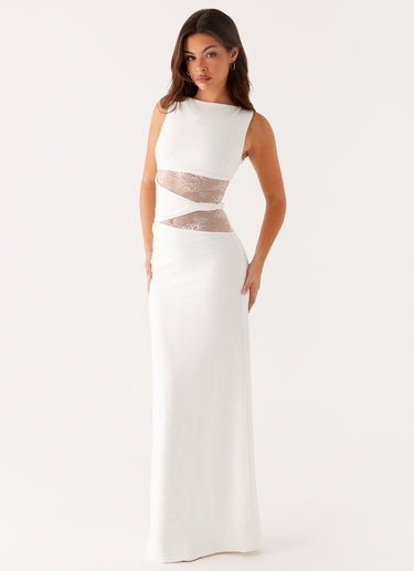 Sleeveless Boat Neck Lace Cut-Out Maxi Dress