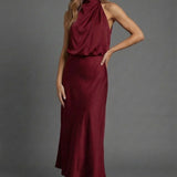 Sleeveless Draped Halterneck Satin Midi Dress