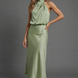 Sleeveless Draped Halterneck Satin Midi Dress