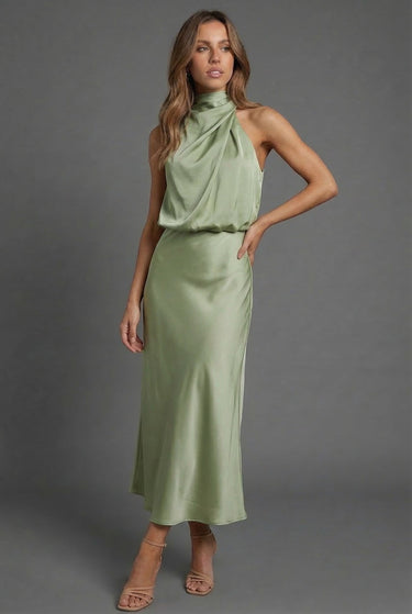 Sleeveless Draped Halterneck Satin Midi Dress