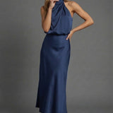 Sleeveless Draped Halterneck Satin Midi Dress