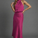 Sleeveless Draped Halterneck Satin Midi Dress
