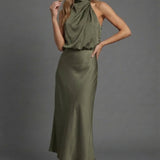 Sleeveless Draped Halterneck Satin Midi Dress