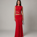 Sleeveless Floral Lace Crop Top and Maxi Skirt Two-Piece Set
