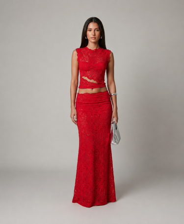 Sleeveless Floral Lace Crop Top and Maxi Skirt Two-Piece Set