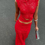 Sleeveless Floral Lace Crop Top and Maxi Skirt Two-Piece Set