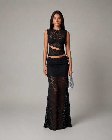 Sleeveless Floral Lace Crop Top and Maxi Skirt Two-Piece Set