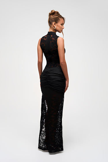 Sleeveless High Neck Lace Slit Evening Maxi Dress