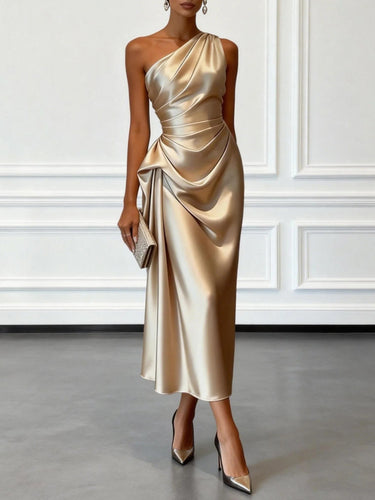 Sleeveless One Shoulder Satin Midi Occasion Dress