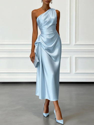 Sleeveless One Shoulder Satin Midi Occasion Dress