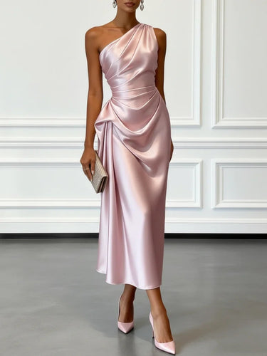 Sleeveless One Shoulder Satin Midi Occasion Dress