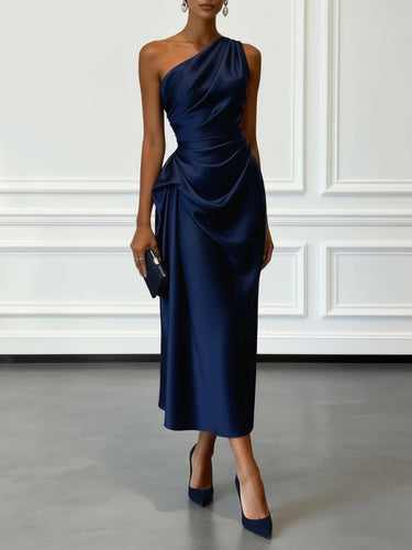 Sleeveless One Shoulder Satin Midi Occasion Dress
