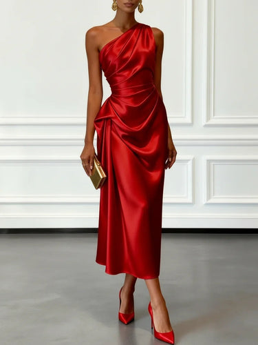 Sleeveless One Shoulder Satin Midi Occasion Dress