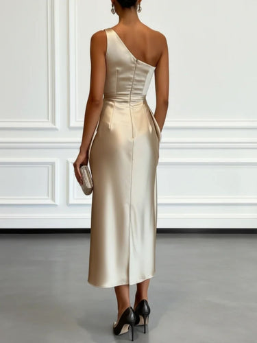 Sleeveless One Shoulder Satin Midi Occasion Dress