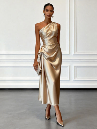 Sleeveless One Shoulder Satin Midi Occasion Dress