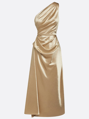 Sleeveless One Shoulder Satin Midi Occasion Dress