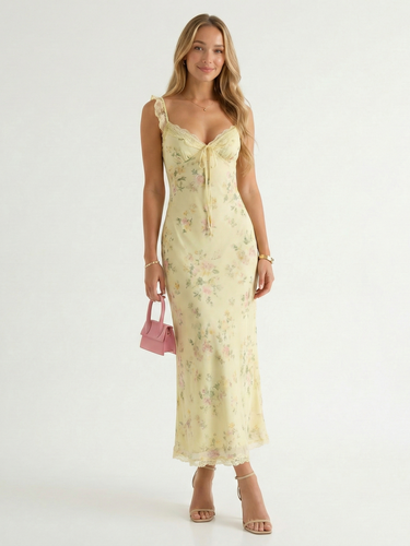 Spaghetti Strap Floral Print Backless V-Neck Midi Beach Dress