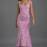Square Neck Corset Fishtail Maxi Dress in Floral Jacquard