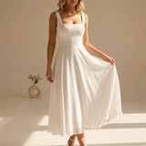 Square Neckline Chiffon Sleeveless Wide Strap A-Line Midi Dress