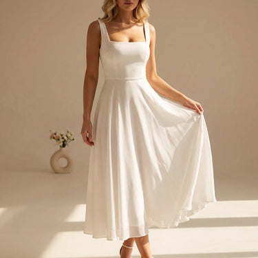 Square Neckline Chiffon Sleeveless Wide Strap A-Line Midi Dress