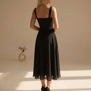 Square Neckline Chiffon Sleeveless Wide Strap A-Line Midi Dress