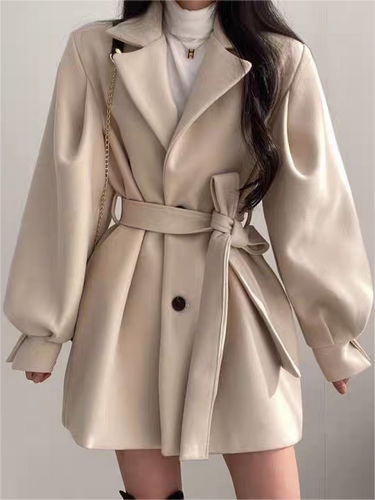 Lapel Collar Puff Sleeve Coat with Belt 1