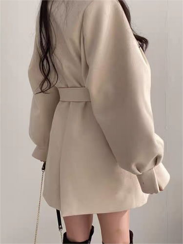 Lapel Collar Puff Sleeve Coat with Belt 4