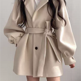Lapel Collar Puff Sleeve Coat with Belt 2