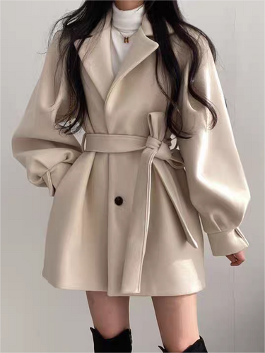 Lapel Collar Puff Sleeve Coat with Belt 2