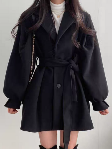 Lapel Collar Puff Sleeve Coat with Belt 6