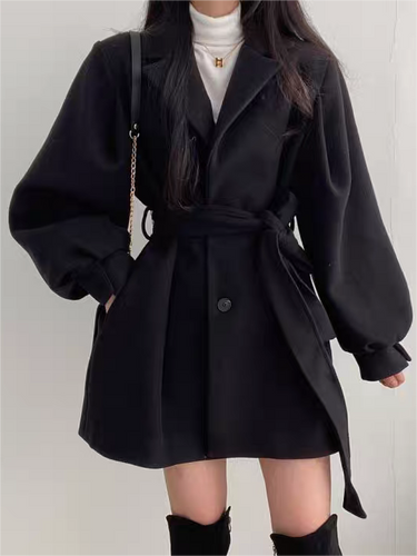 Lapel Collar Puff Sleeve Coat with Belt 5