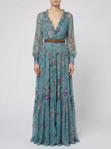 Women's Bohemian Floral Print Maxi Dress With Long Sleeves