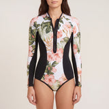 Long Sleeve Swimsuit Floral Print Front Zipper Closure - Green
