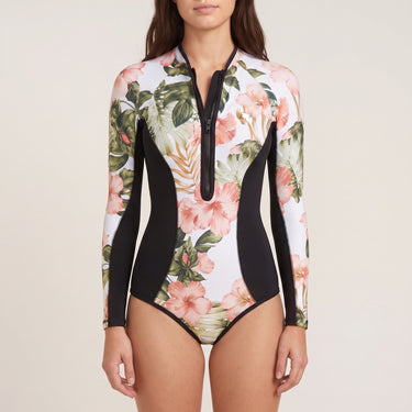 Long Sleeve Swimsuit Floral Print Front Zipper Closure - Green