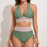 Women's Bikini Set Adjustable High-Waisted Two-Piece V-Neck - Green