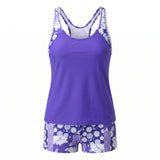 Women's Tankini Set Two Piece With Floral Print Swim Shorts - Purple