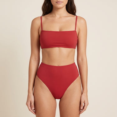 Women's Bikini Set Flattering High-Waist Solid Strappy - Red