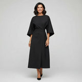 Wide Sleeve Round Neck Belted Midi Dress for Everyday Elegance