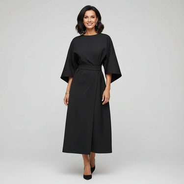 Wide Sleeve Round Neck Belted Midi Dress for Everyday Elegance